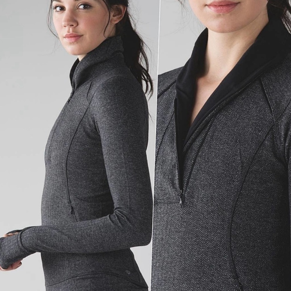 Lululemon Think Fast Pullover Quarter zip, Herringbone, black/grey, size 12